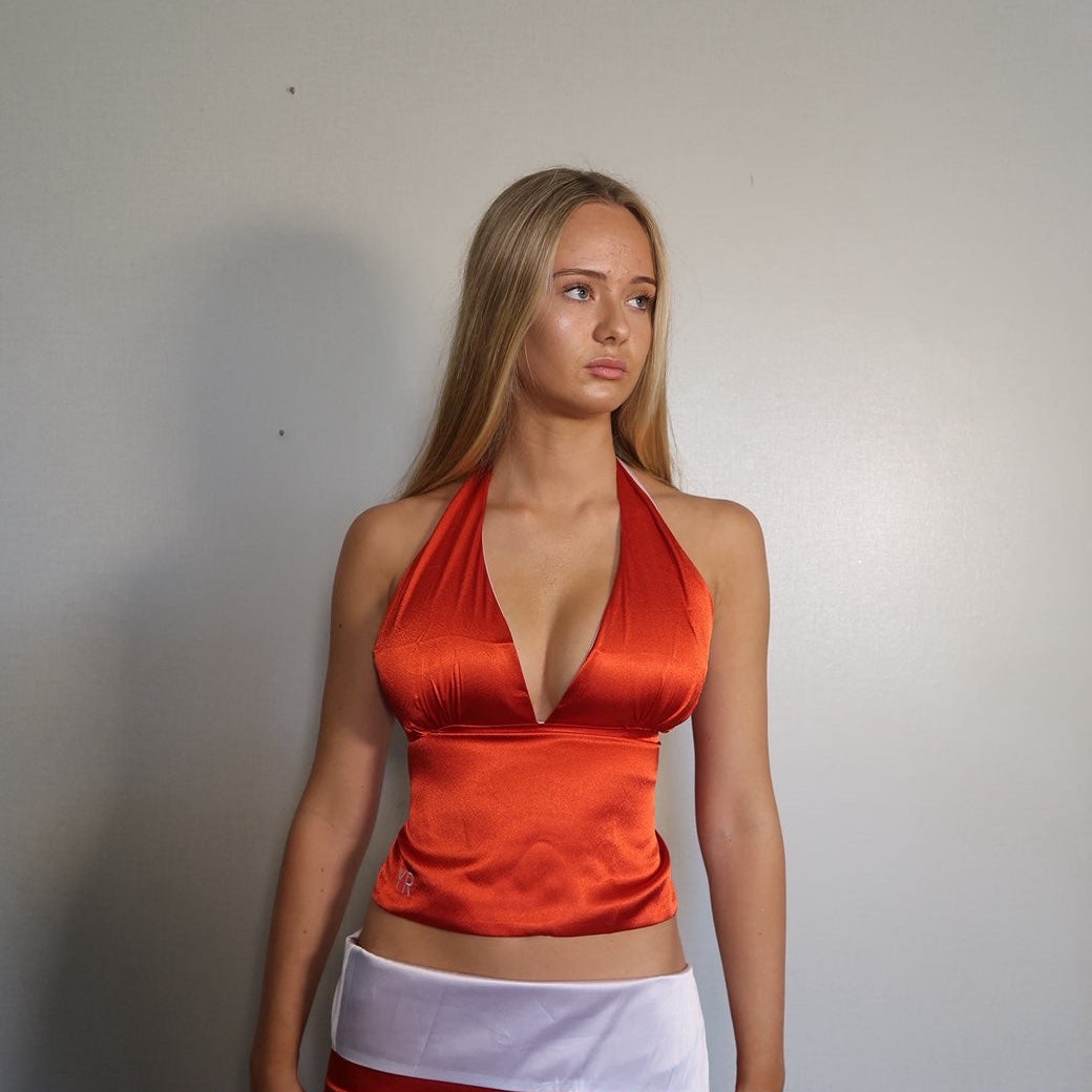 Halter neck Reversible satin style top Red/White