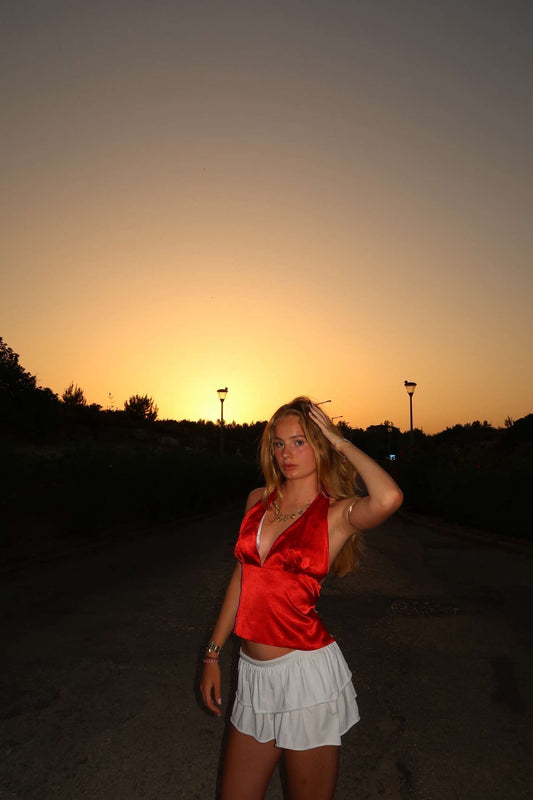 Halter neck Reversible satin style top Red/White